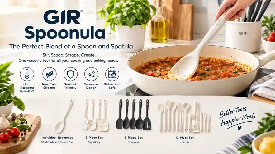 GIR spoonula silicone kitchen utensil in a modern kitchen setting for cooking and baking.